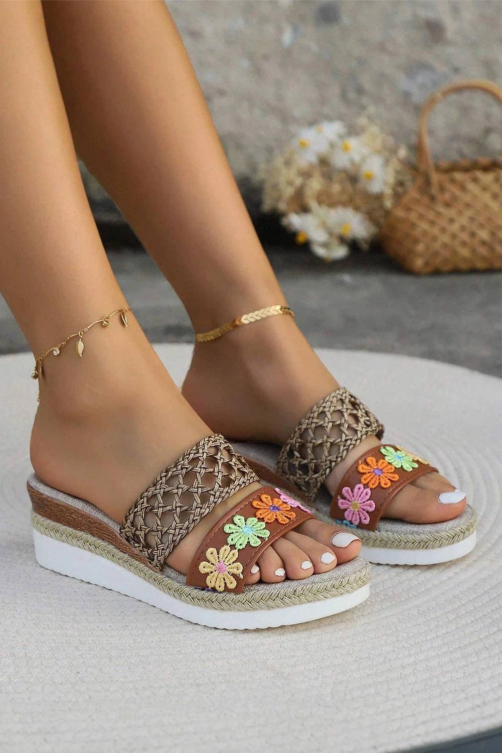 Chestnut Leopard Print Braided Details Wedge Slippers
