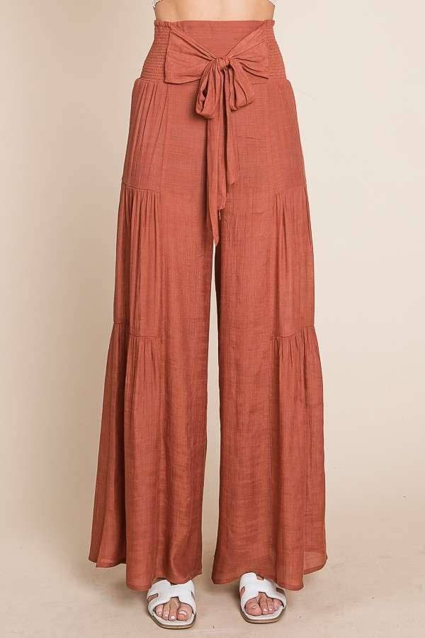 Tie Front Ruched Waist Back Pants