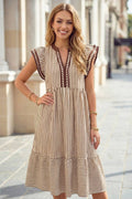 Stripe Double Ruffled Short Sleeve V Neck Midi Dress