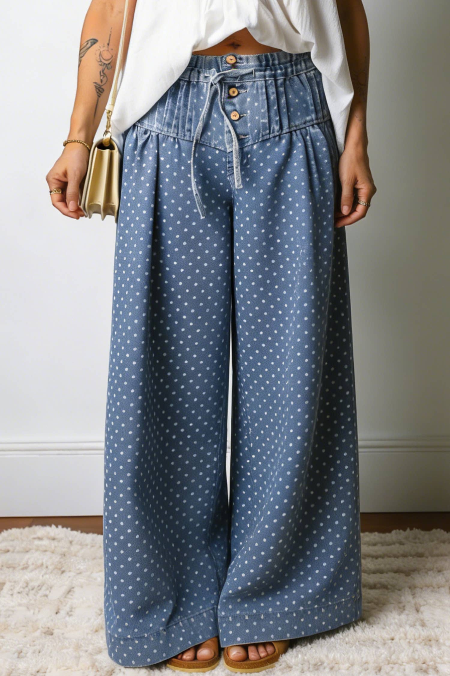 Button, Drawstring Waist Wide Leg Jeans