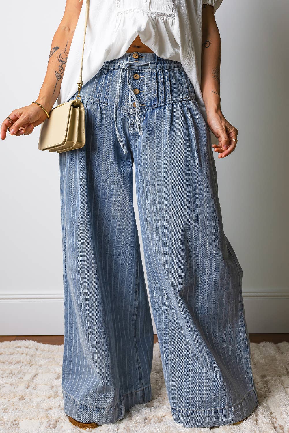 Button, Drawstring Waist Wide Leg Jeans
