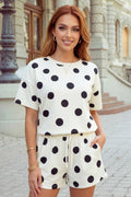 Polka Dot Print Tee Drawstring Elastic Waist Short Set