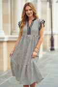 Stripe Double Ruffled Short Sleeve V Neck Midi Dress