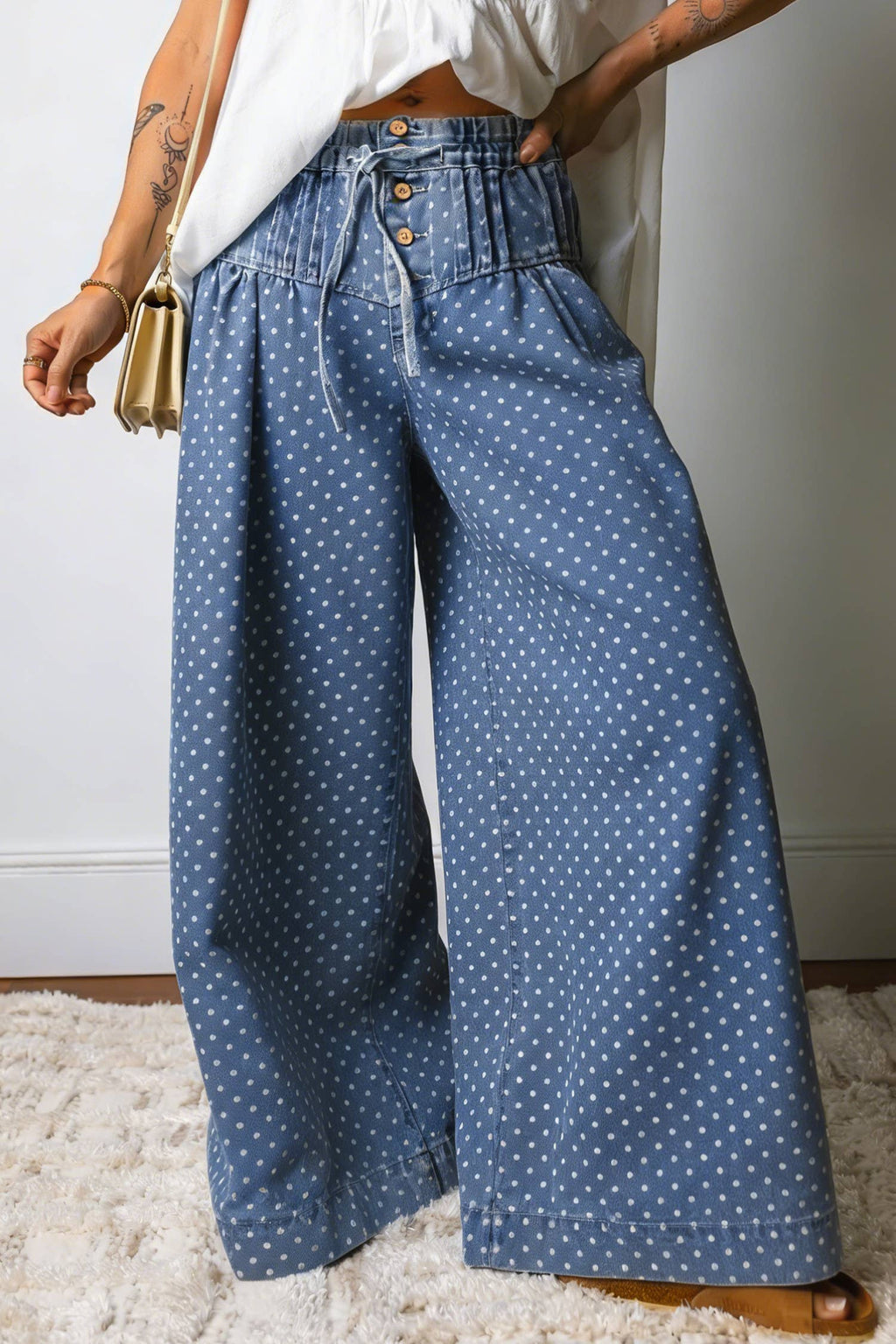 Button, Drawstring Waist Wide Leg Jeans