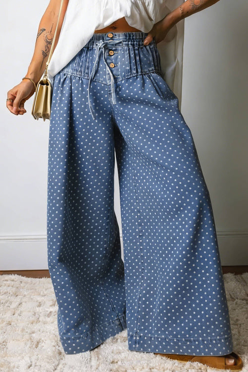 Button, Drawstring Waist Wide Leg Jeans