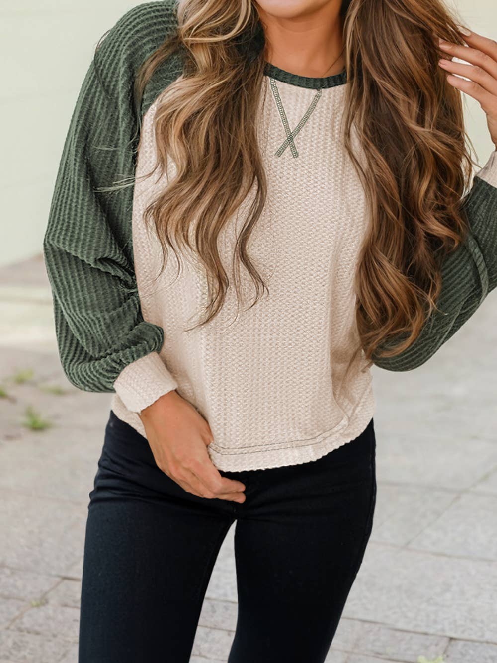 Waffle Color Block Sleeve Top