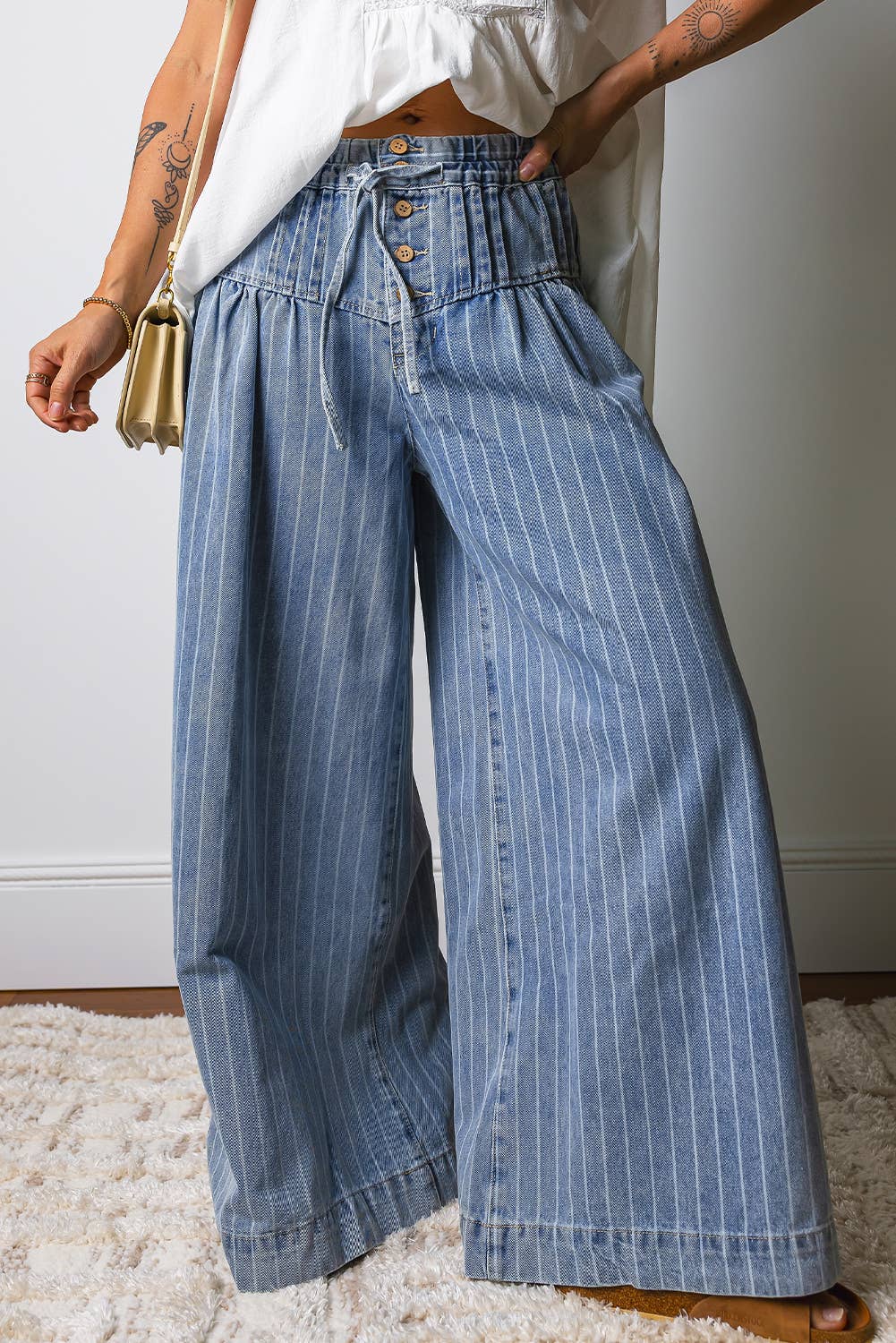 Button, Drawstring Waist Wide Leg Jeans