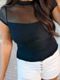 Sheer Mesh Patchwork Cap Sleeve T Shirt