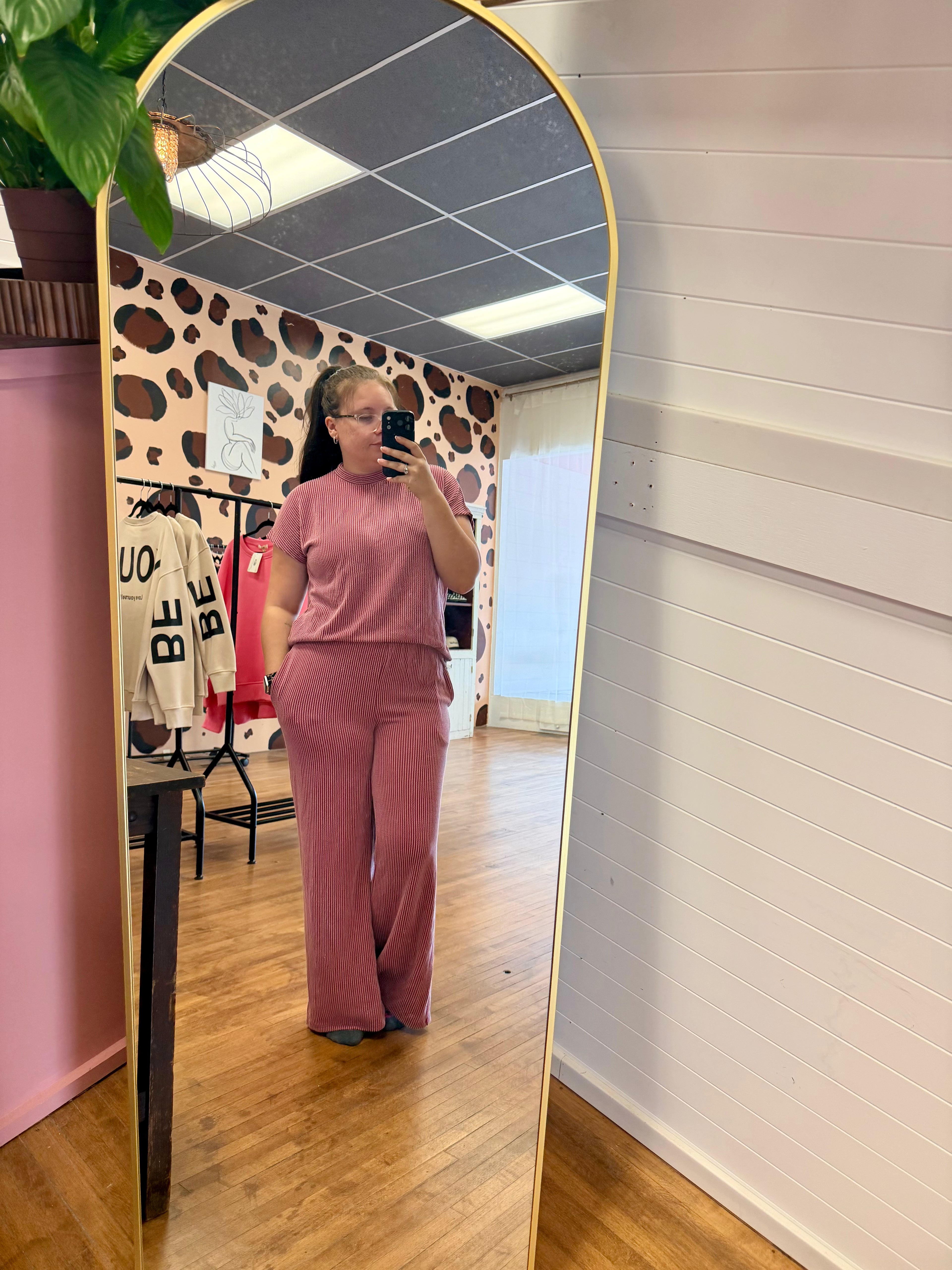 Ribbed Mock Neck High Waist Loose Pant Set