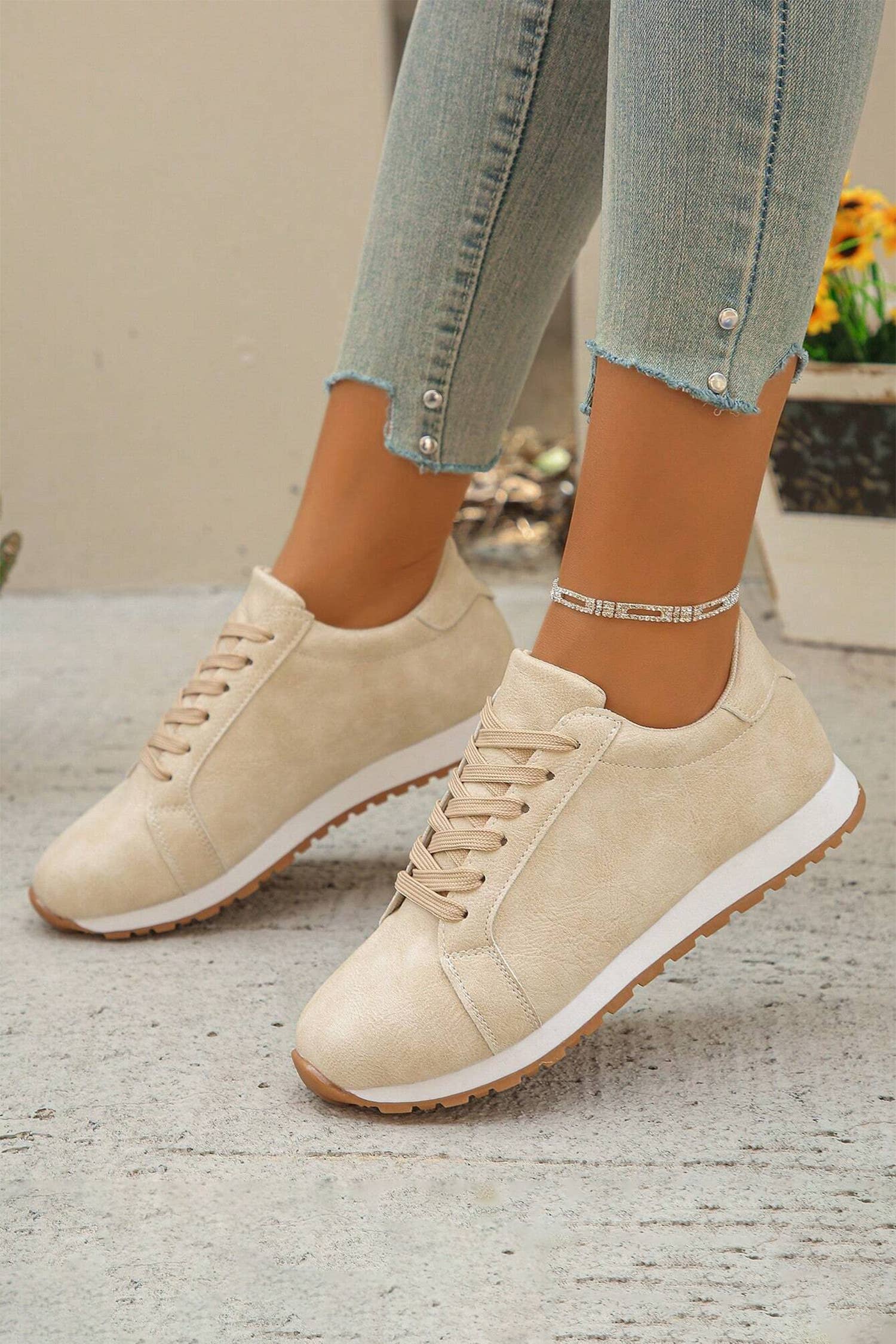 Solid Color Faux Suede Lace-up Sneakers