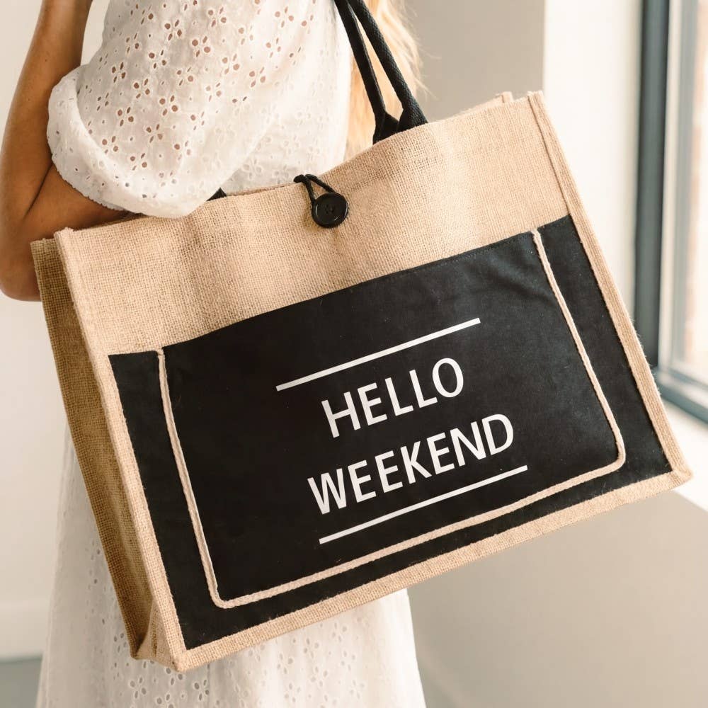 Hello Weekend Burlap Tote Bag
